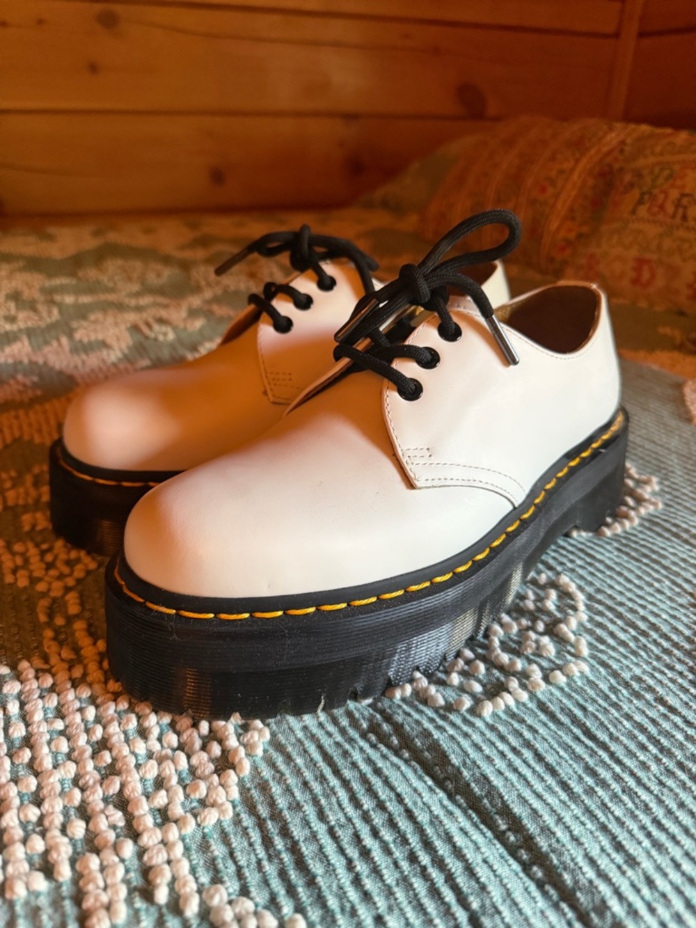 Dr. Martens White Leather Lace-Up Platform Oxfords with Black Soles